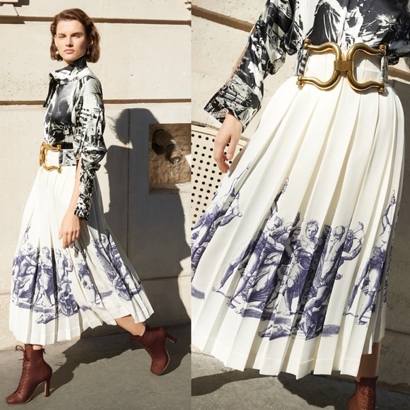 CÉLINE ETCHING PRINT SILK MIDI PLEATED WRAP SKIRT SIZE 40 BY PHOEBE PHILO - Picture 2 of 11